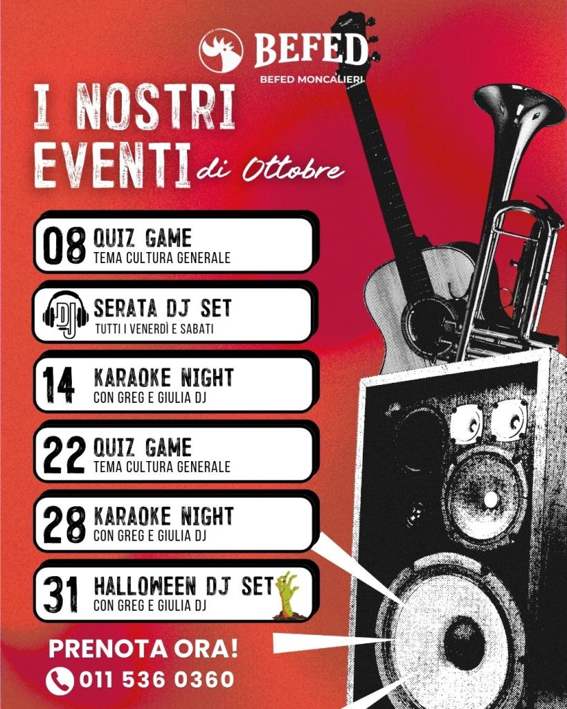 Eventi ottobre BEFED Moncalieri quiz karaoke DJ set Halloween