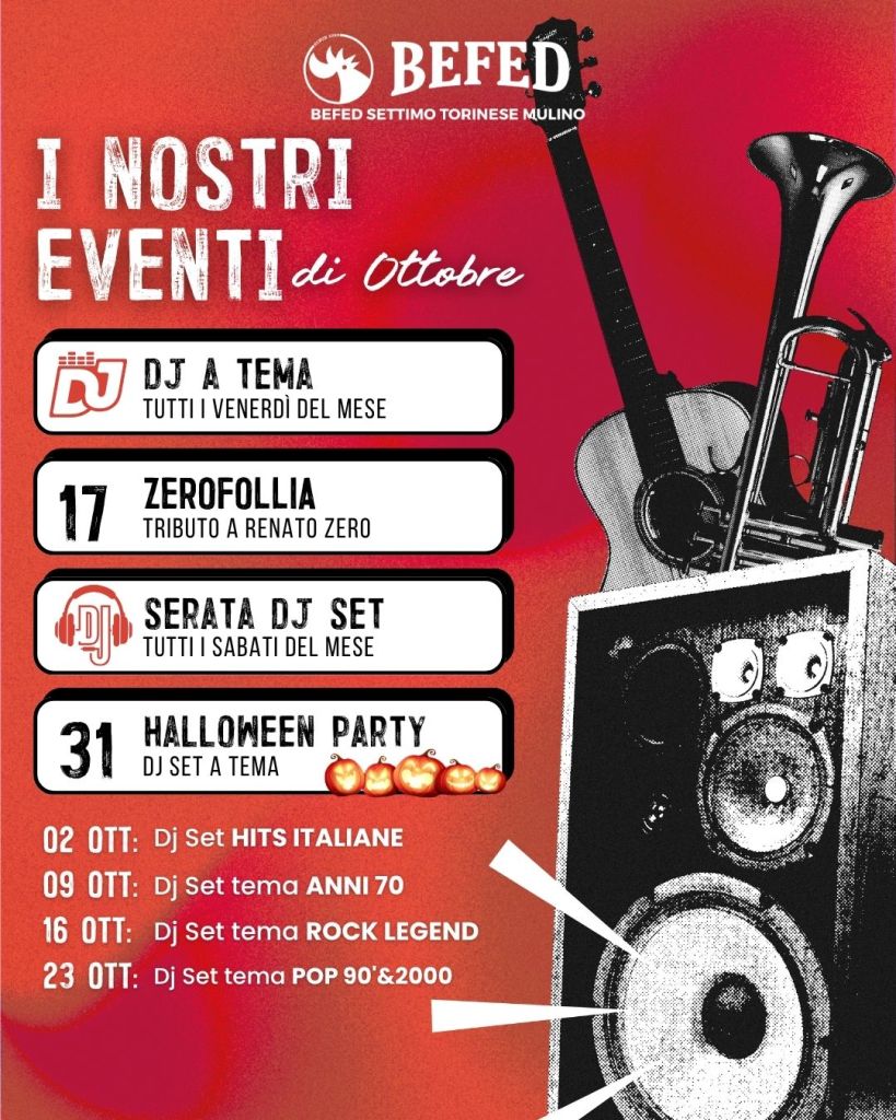 Eventi ottobre BEFED Settimo Torinese Mulino DJ set e musica live